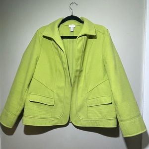 CHICO'S Size 3 Plus(US XL) Blazer Green Linen Poly Rayon Blend Open Front Jacket